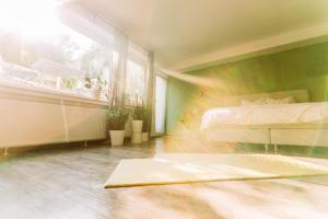 a bedroom with a bed and a window at Paradiesvogel - Zentral gelegenes Apartment in Paderborn Zentrum in Paderborn