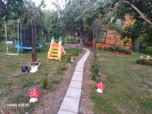 a backyard with a playground with a slide and mushrooms at La tataie Nucșoara in Nucşoara