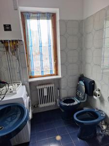 a bathroom with a blue toilet and a sink at Cosy Brosso in Brosso +19 photos