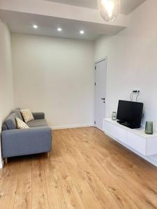 a living room with a couch and a tv at Helihome1 Apartment in Tbilisi in Tbilisi City