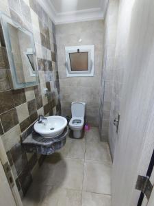 a bathroom with a sink and a toilet and a mirror at amazing apartment in downtown new alamein in El Alamein +4 photos