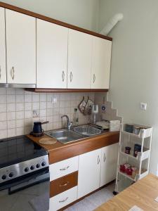 a kitchen with white cabinets and a sink at Rodia apartment in Kyparissia +10 photos