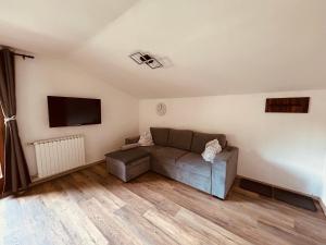a living room with a couch and a flat screen tv at Appartment Marcher in Kaprun
