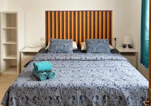 a bedroom with a large bed with blue pillows at Apartamento Arriba, Casa-la-Costa in La Costa +8 photos