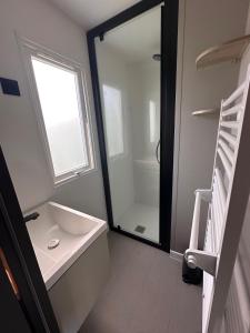 Waterenにある4p Lodge centrally located in National Park, Swimming pool 63のシャワー、洗面台、鏡を備えたバスルーム