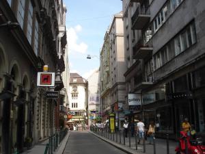 a city street with buildings and people walking down the street at Romantic Centrum Apartman in Budapest