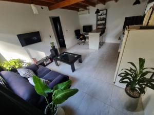 a living room with a blue couch and a table at Lemuria - a 350m de Playa - Mar Azul in Mar Azul