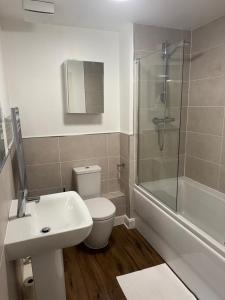 a bathroom with a toilet and a sink and a shower at Town centre abode with gated parking in Shrewsbury