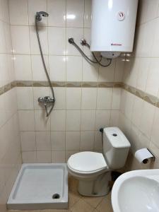 a small bathroom with a toilet and a shower at Saranda View Apartments in Sarandë