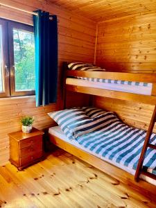 1 dormitorio con 2 literas en una cabaña de madera en Domki MAYAmi, en Bobolin 8 fotos más