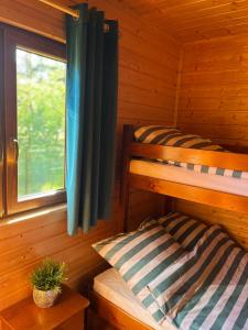 Un dormitorio con dos literas y una ventana. en Domki MAYAmi, en Bobolin