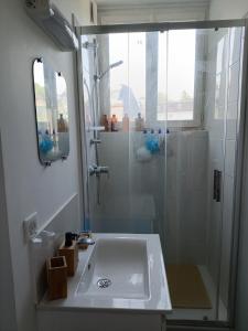 Un baño con ducha y lavabo blanco. en Villa Odette beach, en Villers-sur-Mer