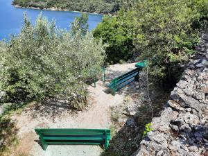two green benches sitting on a hill next to a river at Apartments and rooms Roberto B. in Valun