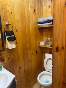 a wooden bathroom with a toilet and a sink at 107 Vinewood Cabin in Brewton