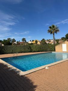 a large blue swimming pool with a palm tree at Charming mini-villa in Sanary-sur-Mer