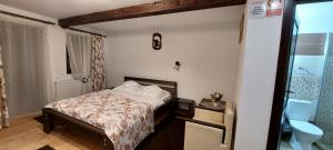 a small bedroom with a bed and a bathroom at Pensiunea Montan in Durau +5 photos