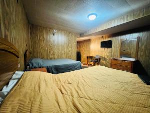 a bedroom with a large bed and a desk at Hotel O Sycamore - Havana IL in Havana