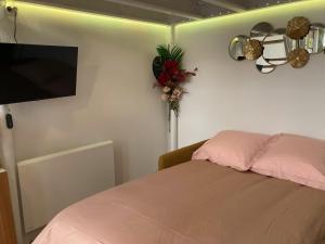 Un dormitorio con una cama y un televisor en la pared. en Studio de Rêve à Versailles Plein Centre , 500m Château, 350m Gare Rive Gauche, en Versalles 13 fotos más