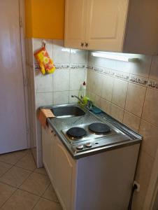 a small kitchen with a stove and a sink at Infinity Beach Germering in Balatonfüred