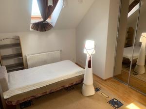 a bedroom with a bed with a lamp and a mirror at Green Garden Apartments in Kaunas