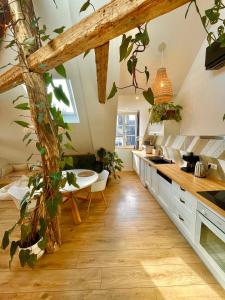 a kitchen with a tree in the middle at Nid douillet sous les toits avec jacuzzi in Bagnères-de-Bigorre