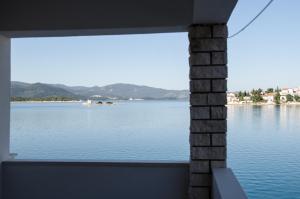 einen Blick auf einen großen Wasserkörper durch ein Fenster in der Unterkunft Apartment Ante in Klek