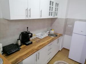 a kitchen counter with a sink and a microwave at Secret Spa Nis in Niš +7 photos