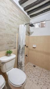 a bathroom with a toilet and a shower at Casa Santa María Valladolid in Valladolid +77 photos