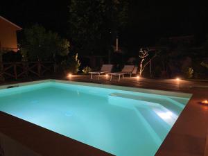 a swimming pool with blue lights in a backyard at night at Villa Martini dei Rossi in Sanfrè +54 photos