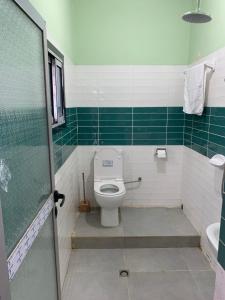 a bathroom with a toilet and green and white tiles at Cosy Home By Djoles in Yaoundé +11 photos