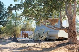 two chairs sitting under a tree next to a rv at Chic vintage caravan retreat, just 25 mins to the beach in Odeceixe