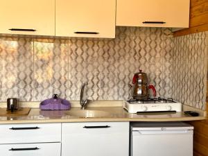 a kitchen counter with a sink and a tea kettle at Venüs Gold Bungalov Adrasan in Kumluca