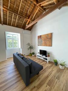 a living room with a couch and a tv at Casa da Arquitectura - Texturas in Angra do Heroísmo