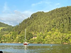 a sail boat in the water with a mountain at Recanto Serra e Mar in Angra dos Reis