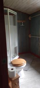 a bathroom with a toilet with a wooden toilet seat at Grangette Entre Chiens et Loups in LʼAnse-Saint-Jean +22 photos
