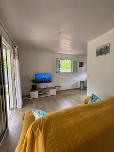 a bedroom with a bed and a tv in it at Villa Douceur Caraïbes in Le Diamant