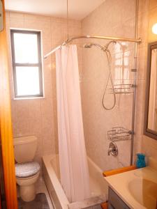 a bathroom with a shower and a toilet and a sink at Immaculate furnished 1-Bedroom Apartment in Sunnyside