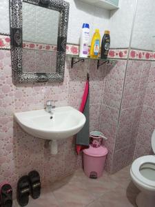 a bathroom with a sink and a toilet and a mirror at شقة جميلة و هادئة in Agadir