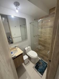 a bathroom with a toilet and a shower and a sink at Apartamento norte de Barranquilla in Barranquilla