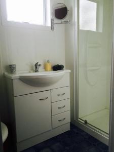 a bathroom with a sink and a shower at Ohuka Lodge in Tuai