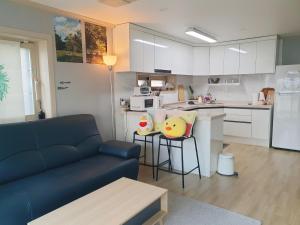 a living room with a couch and a kitchen at Stay Ali in Gyeongju