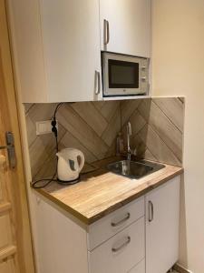 a small kitchen with a sink and a microwave at Dom Stanisławy Papież in Biały Dunajec