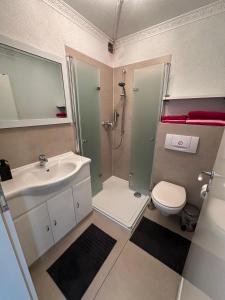a bathroom with a sink and a shower and a toilet at Ruhige geräumige Wohnung in Pforzheim