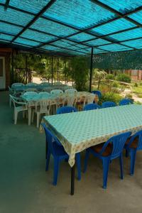 a group of tables and chairs under a blue roof at Helena guest house in Cholpon-Ata +28 photos