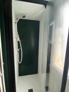 una doccia con una porta in vetro in un bagno di Camping siblu - 8pers - 100m des plages a Canet-en-Roussillon