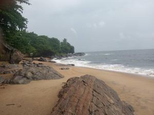 a beach with a large rock in the sand at Residence OR Tambo in Kribi
