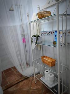 ein Badezimmer mit einer Dusche und einem Regal mit Pflegeprodukten in der Unterkunft Vivienda Rural El Retiro in Villanueva del Rey