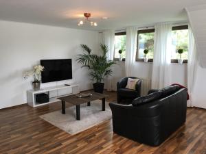 ein Wohnzimmer mit einem schwarzen Sofa und einem TV in der Unterkunft Apartment Rose in Ahausen