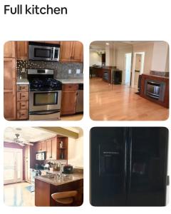 a kitchen with wooden cabinets and a black refrigerator at 2 bed 2 bath East Village condo with two parking spots and 3 blocks to Ocean in Long Beach