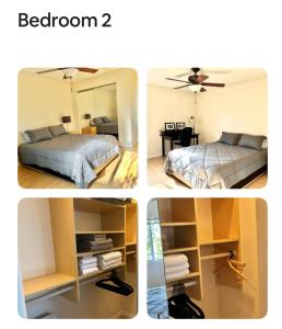 four pictures of a bedroom with two beds and a mirror at 2 bed 2 bath East Village condo with two parking spots and 3 blocks to Ocean in Long Beach